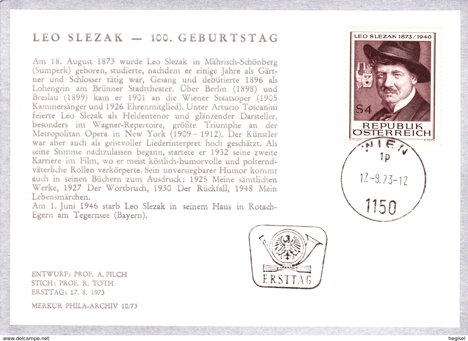 1973   100. Geb. Leo Slezak FDC Ksrte (ANK 1449, Mi 1419) - FDC