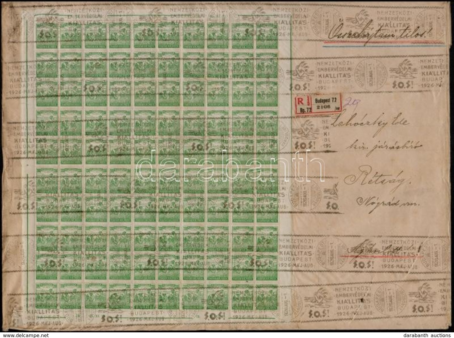 1926 Arató 200K Teljes ív! Nagyalakú Ajánlott Levélen, 'NEMZETKÖZI EMBERVÉDELMI KIÁLLÍTÁS BUDAPEST' Ritka Alkalmi Bélyeg - Altri & Non Classificati