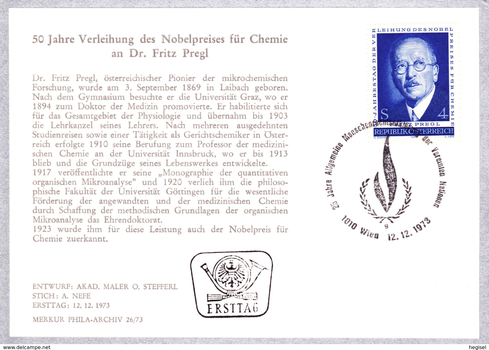 1973 Dr. Fritz Pregl FDC Karte (ANK 1462, Mi 1436) - FDC