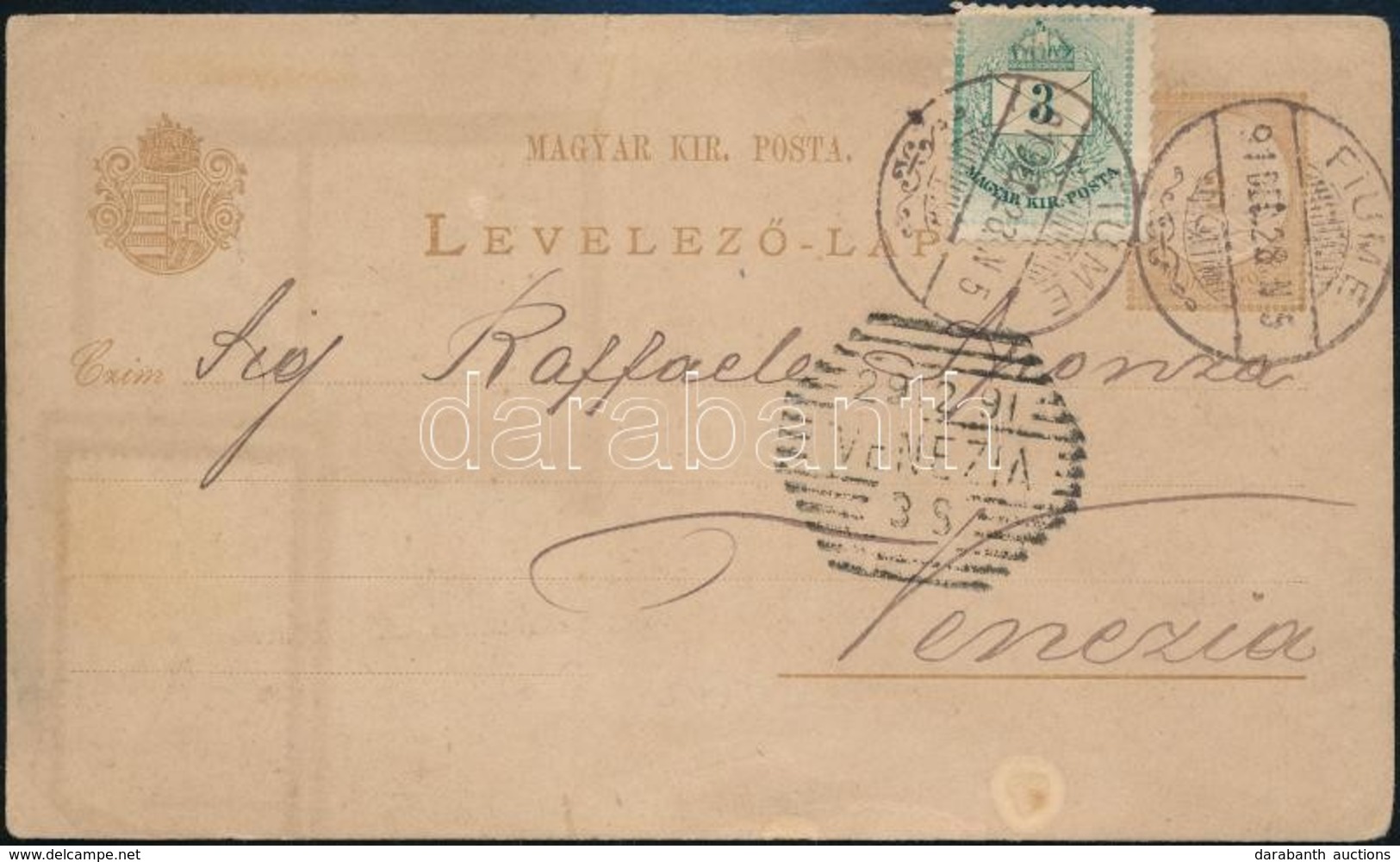 1891 Erősen Lemezhibás Színesszámú 3kr Bélyeggel Kiegészített 2kr Díjjegyes Levelezőlap 'FIUME' - 'VENEZIA' - Andere & Zonder Classificatie