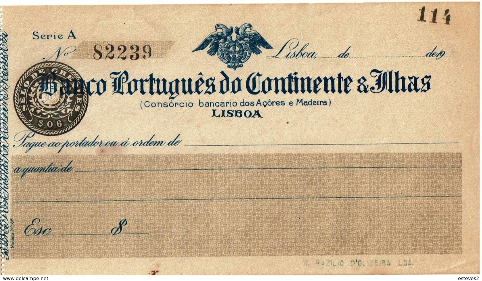 Portugal , 1920 , Banco Português Do Continente & Ilhas , Check ,  Cheque , Decade Of 20 - Cheques & Traveler's Cheques