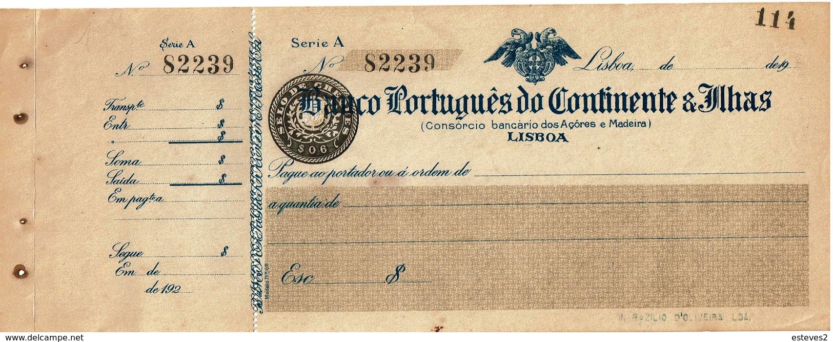 Portugal , 1920 , Banco Português Do Continente & Ilhas , Check ,  Cheque , Decade Of 20 - Cheques & Traveler's Cheques