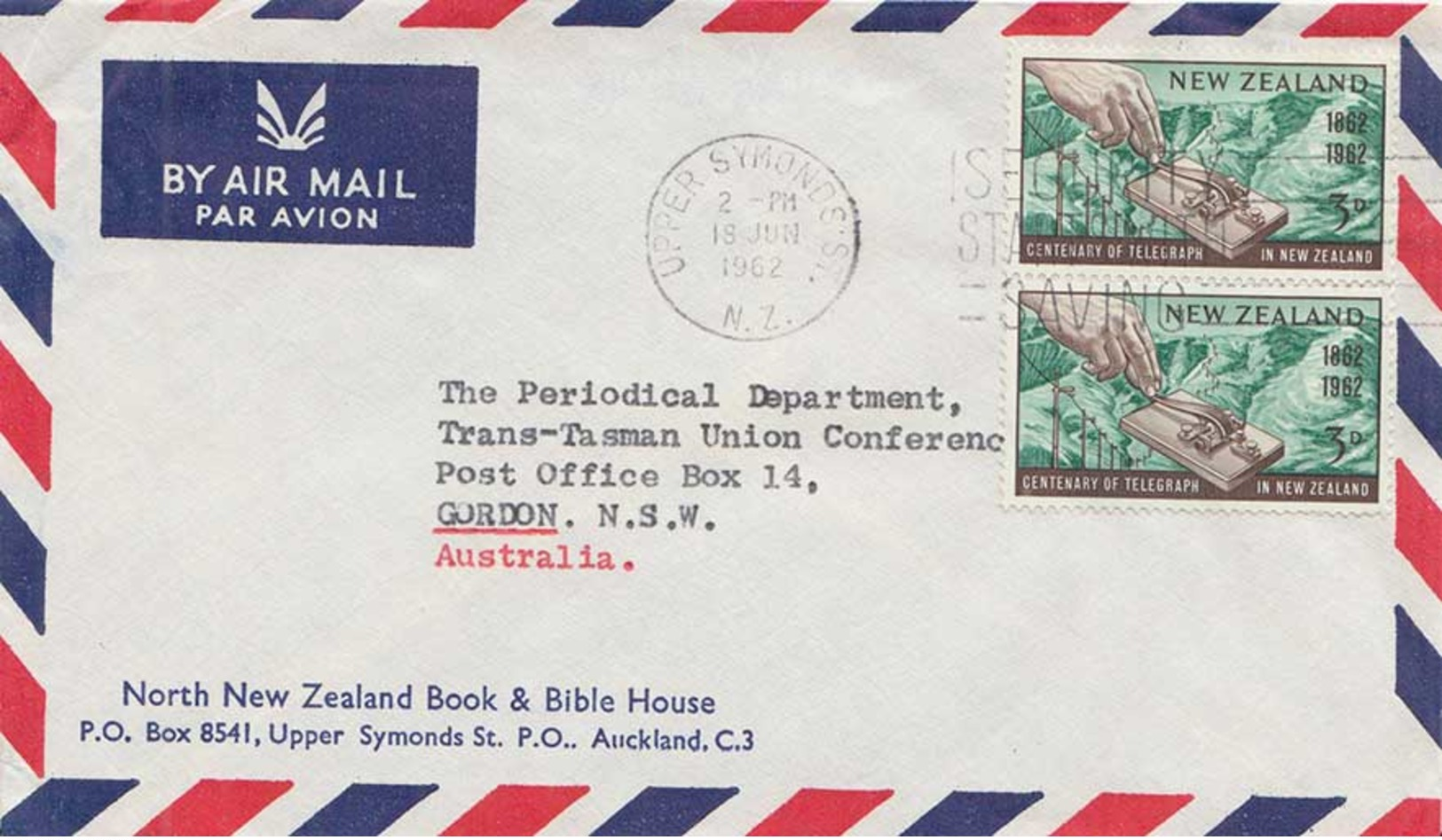 3d Telegraph Centenary 1862-1962 (2) 1962 Upper Symonds St., N.Z. Airmail To Gordon, Australia.  Corner Card North... - Covers & Documents