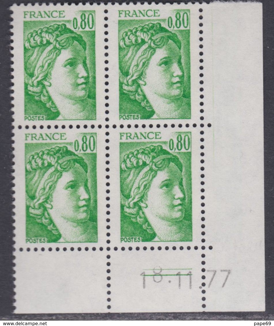 France N° 1970 Type Sabine : 80 C. Vert En Bloc De 4 Coin Daté  Du  18 . 11 . 77 ;  2 Traits, Sans Charnière, TB - 1970-1979