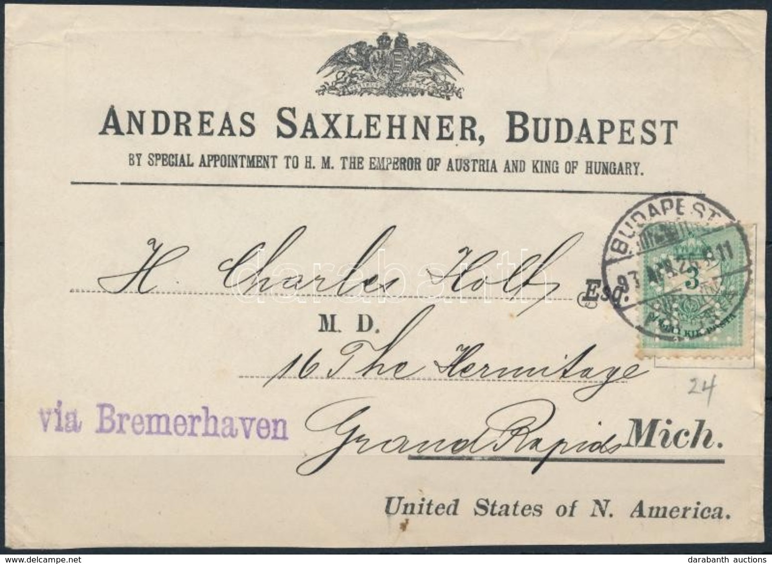 1893 Levél Előlap Az Egyesült Államokba, S.A.H.J. Céglyukasztásos Bélyeggel - Sonstige & Ohne Zuordnung