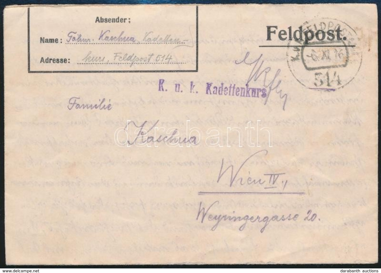 1916 Tábori Posta Levél 'K.u.k. Kadettenkurs' + 'FP 514' - Andere & Zonder Classificatie