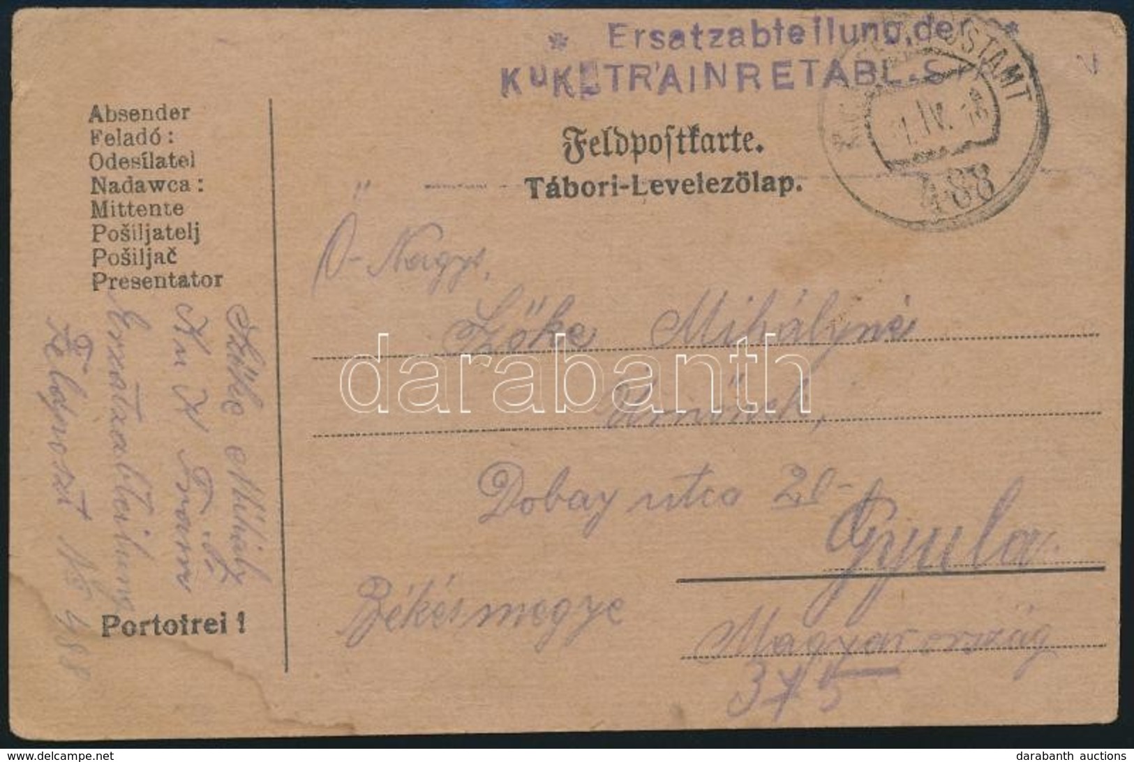 1918 Tábori Posta Levelezőlap 'Ersatzabteilung Der K.u.K. TRAINRETABL. STATION' + 'FP 488' - Andere & Zonder Classificatie