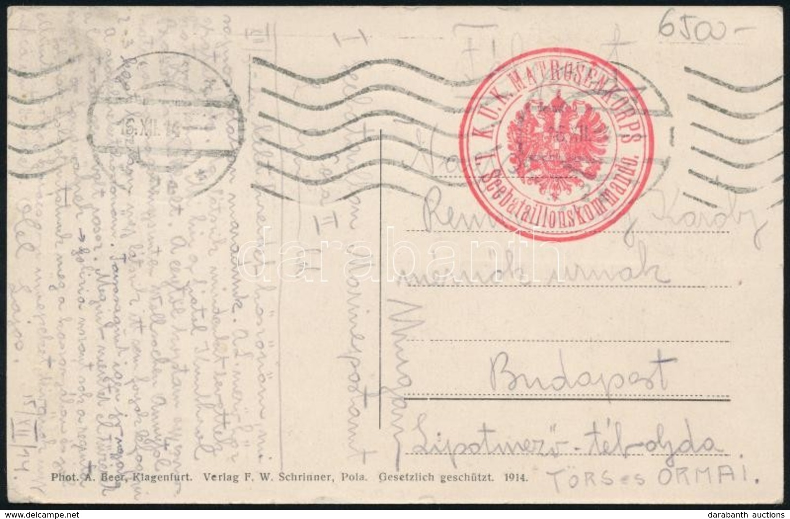 1916 Képeslap Haditengerészeti Postával / Navy Mail Postcard 'K.U.K. MATROSENKORPS / I. Seebataillonskommando.' + 'POLA' - Andere & Zonder Classificatie