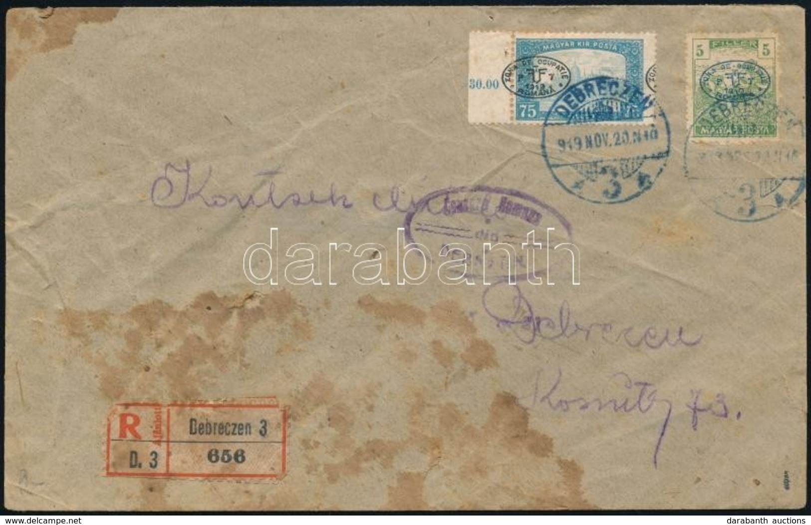 1919 Debrecen Helyi Ajánlott Levél Cenzúrázva / Local Registered Cover With Censorship. Signed: Bodor (foltos / Spotted) - Andere & Zonder Classificatie