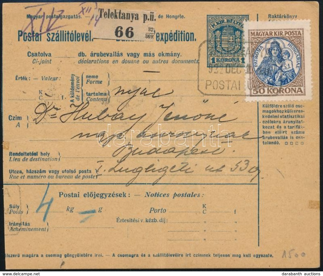 1922 Csomagszállító TELEKTANYA Postaügynökségi Bélyegzéssel / Parcel Card With Postal Agency Postmark - Andere & Zonder Classificatie