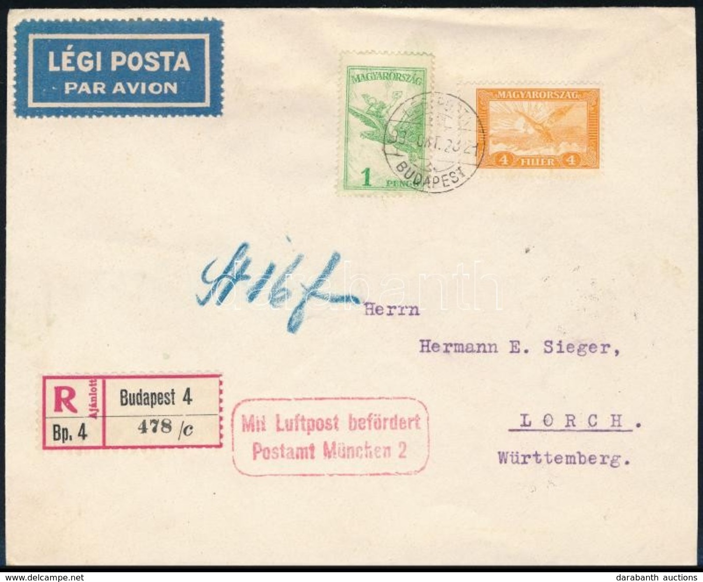 1930 Ajánlott Légi Levél Németországba / Registered Airmail Cover To Germany - Altri & Non Classificati