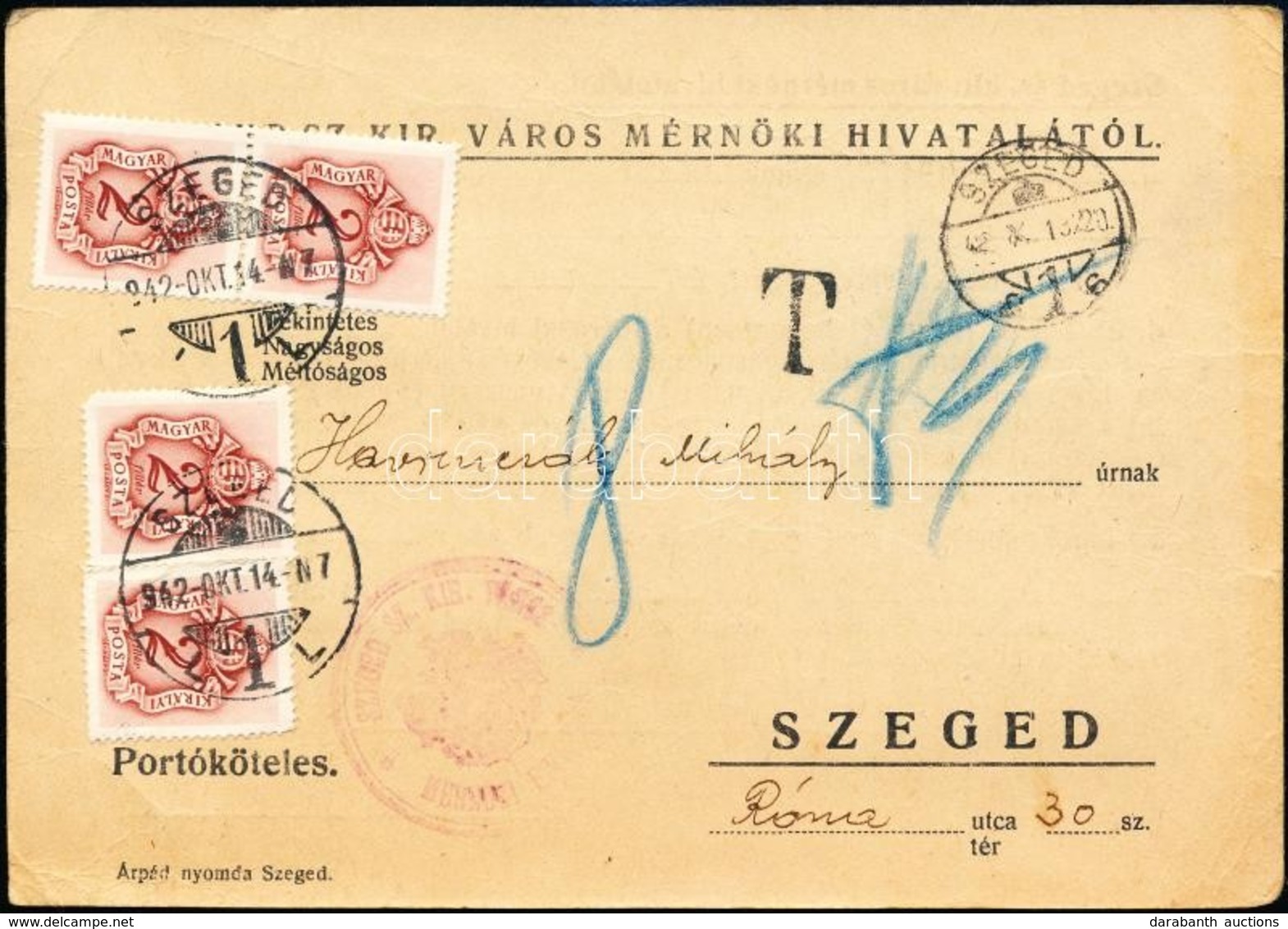 1942 Szeged Helyi Portóköteles Levelezőlap 4 X 2f Portóval / Local Postcard With Postage Due - Andere & Zonder Classificatie