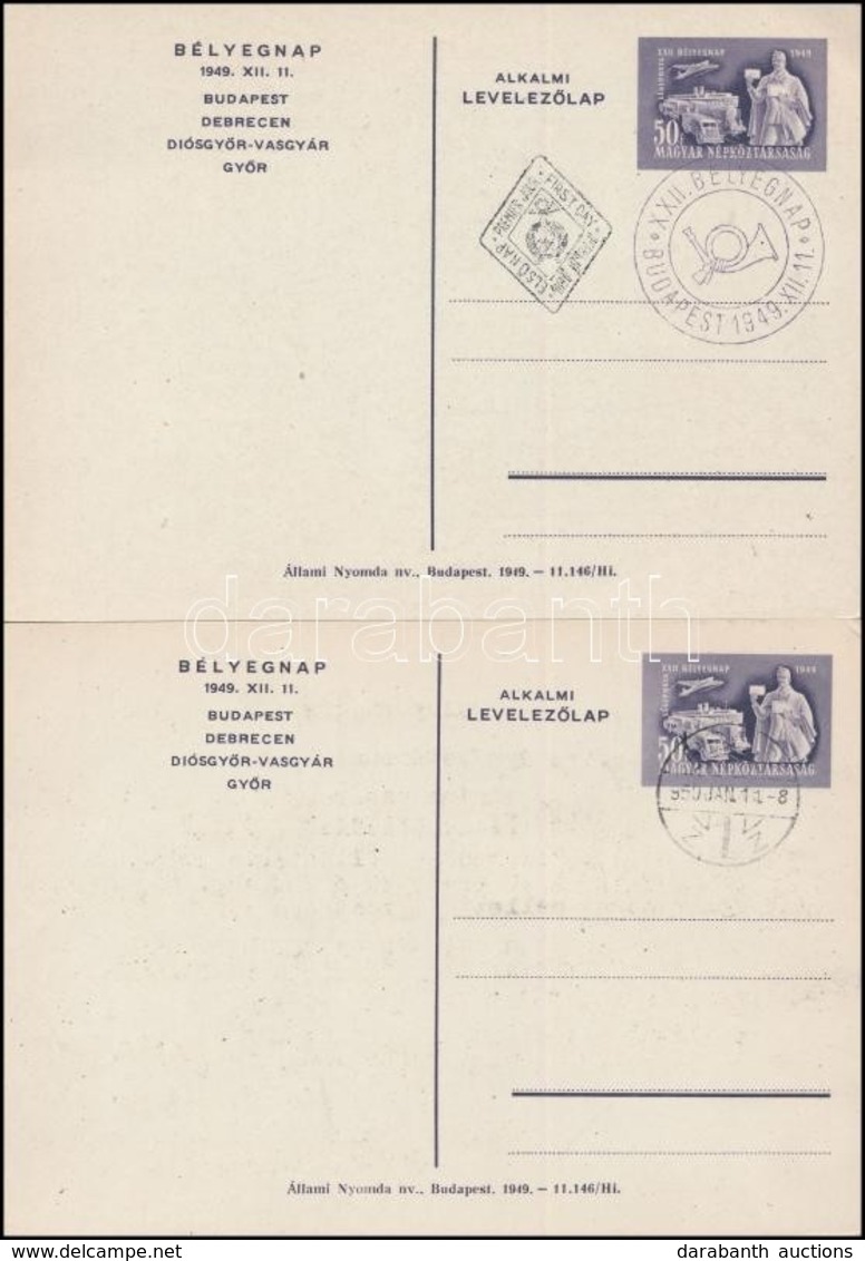 1949 2 Bélyegnap Díjjegyes Levelezőlap, Az Egyik Elsőnapi Bélyegzéssel, A Másik A Hátoldalon Előnyomott Szöveggel - Sonstige & Ohne Zuordnung