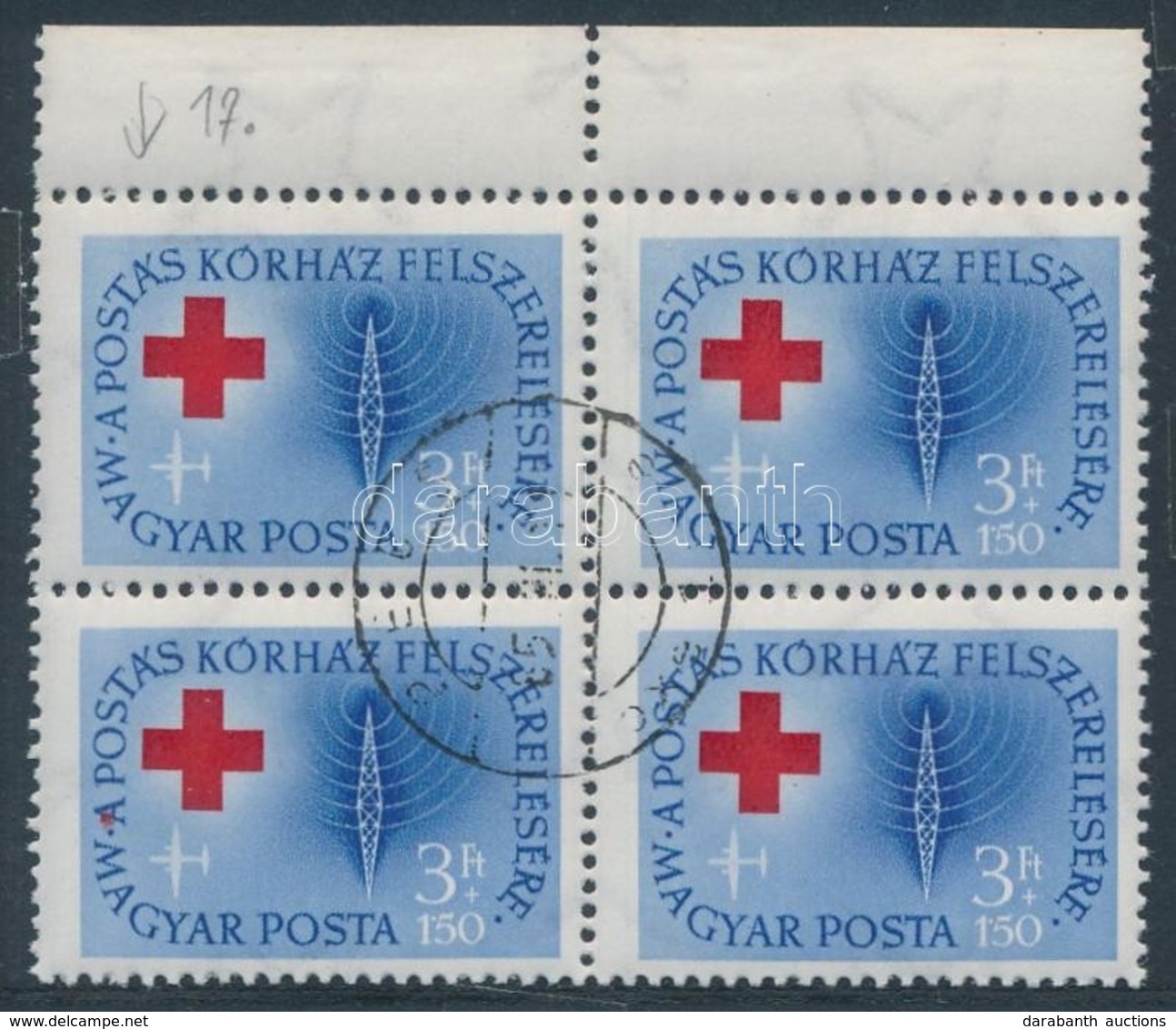 O 1957 Postáskórház 3 Ft ívszéli Négyestömb ,,A Betűn Piros Folt' Tévnyomattal - Sonstige & Ohne Zuordnung