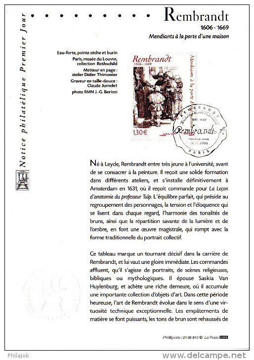 " REMBRANDT " Sur Notice Officielle De 2006. N° YT 3984. Parfait état ! - Rembrandt