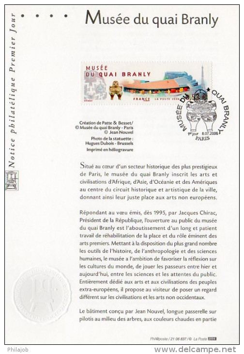 " MUSEE DU QUAI BRANLY " Sur Notice Officielle 1er Jour De 2006 . N° YT 3937. Parfait état - Museums