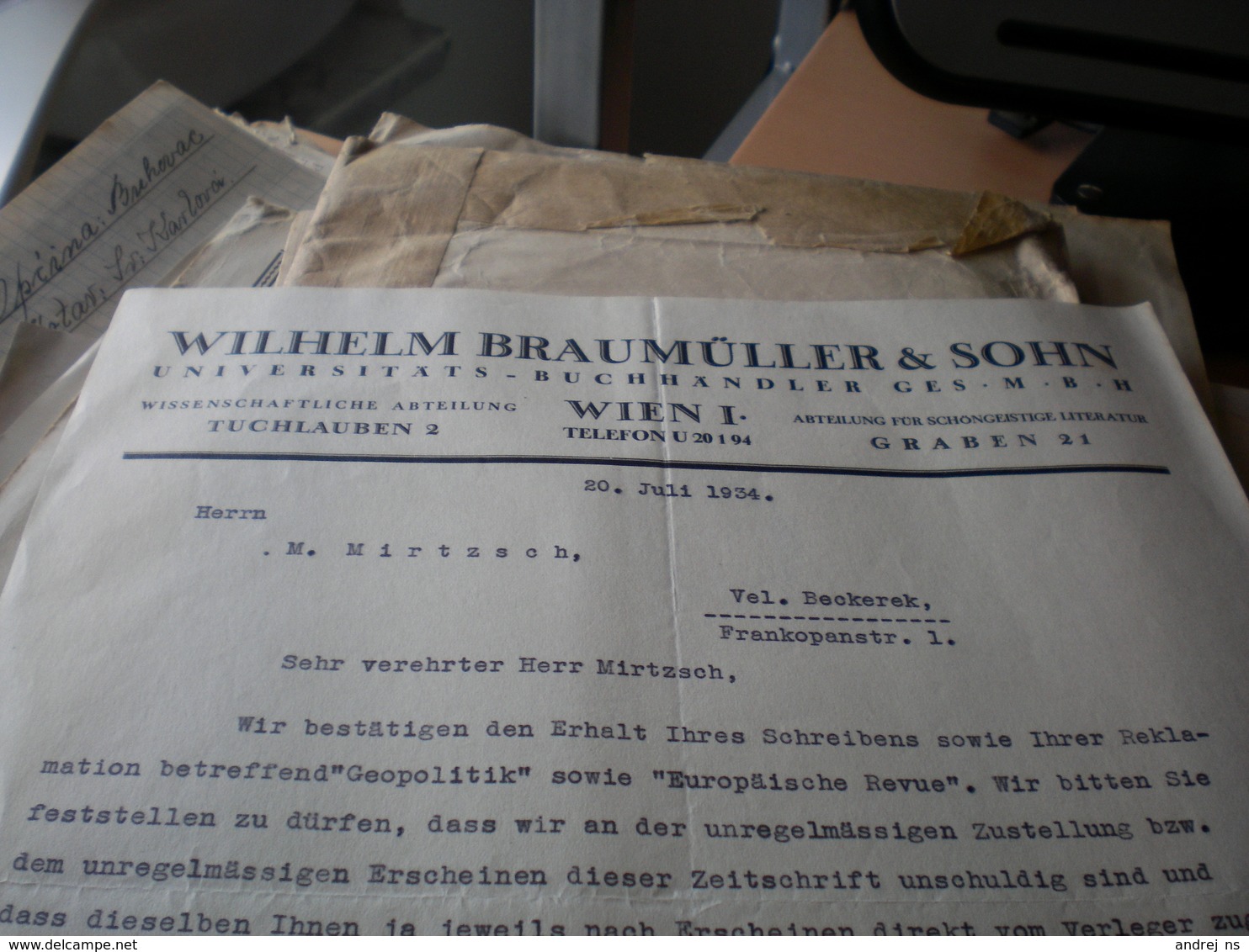 Wilhelm Braumuller Sohn Wien  Universitats Buchhandlung 1935 - Austria