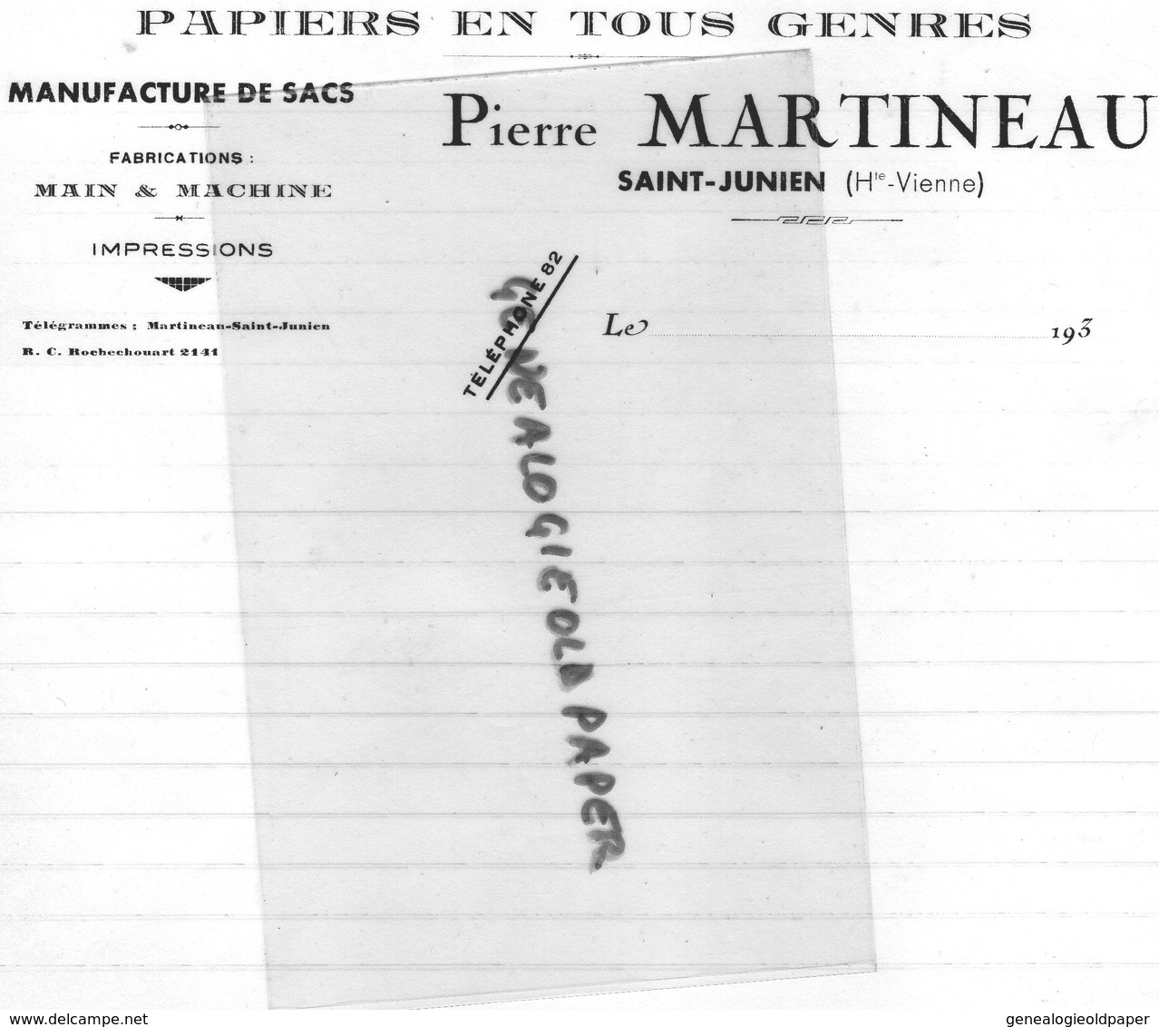 87 - SAINT JUNIEN-RARE LETTRE EN TETE PIERRE MARTINEAU - IMPRIMERIE PAPETERIE MANUFACTURE DE SACS- ANNEES 1930 - Druck & Papierwaren