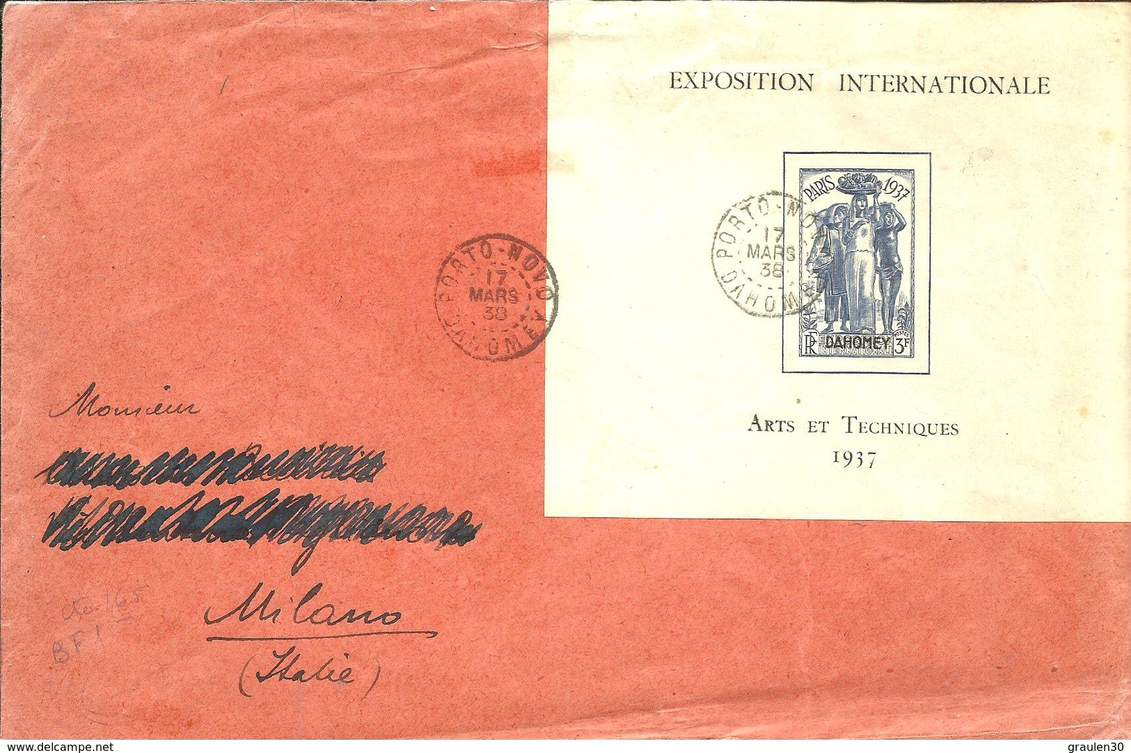 Lettre De PORTO-NOVO Pour MILANO ,affranchie Avec Le Bloc De L'Exposition De 1937 - Covers & Documents