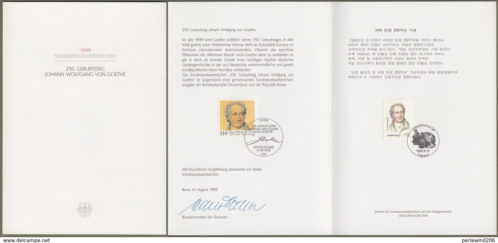 Bund + Korea: Minister Card - Ministerkarte Typ VII, Mi-Nr.2073: " Von Goethe " Joint Issue Gemeinschaftsausgabe X - Lettres & Documents