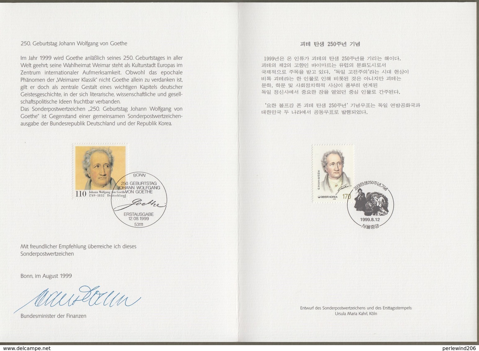 Bund + Korea: Minister Card - Ministerkarte Typ VII, Mi-Nr.2073: " Von Goethe " Joint Issue Gemeinschaftsausgabe X - Lettres & Documents