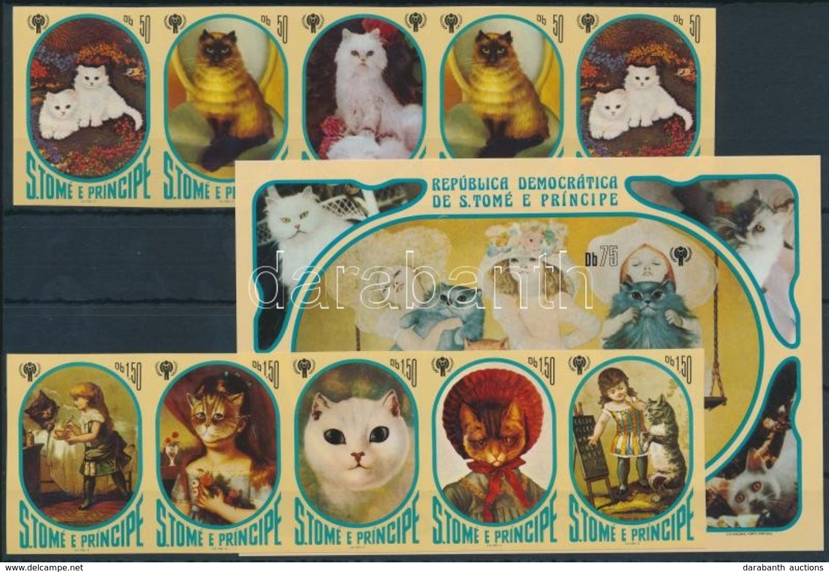 ** 1981 Nemzetközi Gyermekév: Macskás Festmények Vágott Sor ötöscsíkokban, 2 érték Duplán Szerepel Mi 730-736 B + Vágott - Andere & Zonder Classificatie