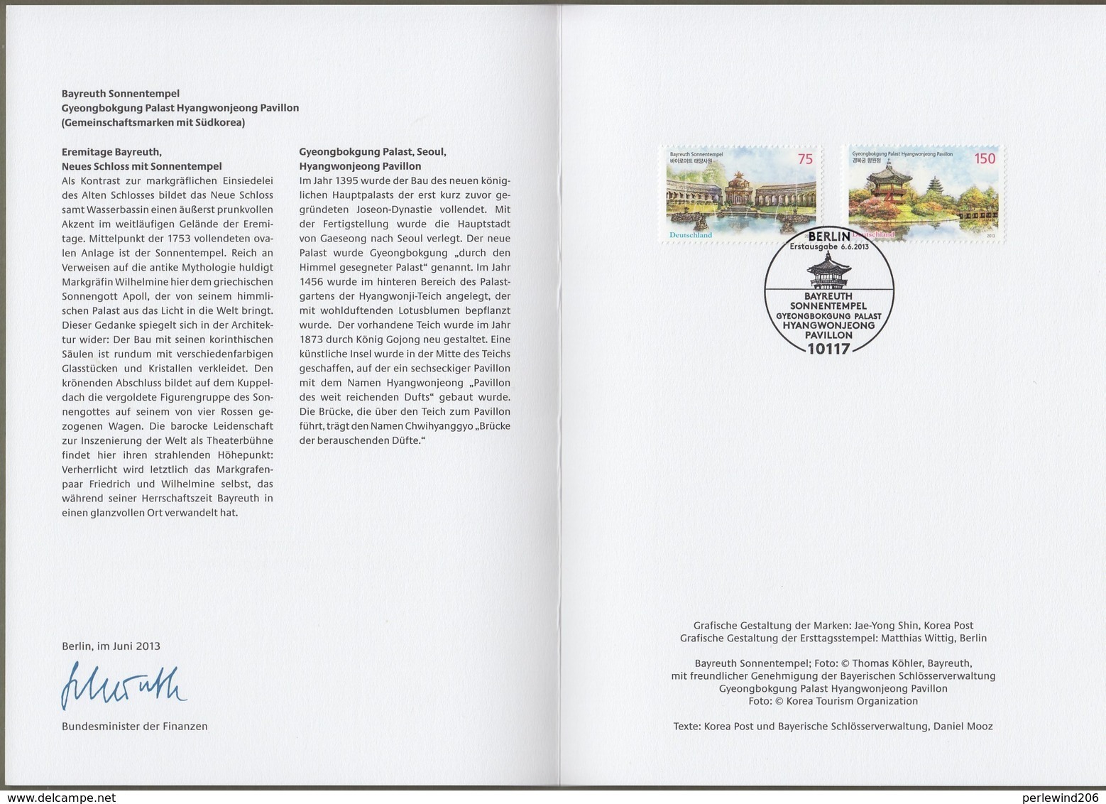 Bund + Korea: Ministerkarte Typ VII , Mi-Nr. 3013-14: " Bayreuth Sonnentempel - Hyangwonjeong Pavillon " Joint Issue X - Covers & Documents