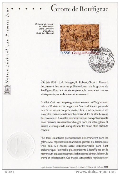 &#9989; " GROTTE DE ROUFFIGNAC " Sur Notice Officielle 1er Jour 2006 De France. N° YT 3905. Parfait état. - Prehistory