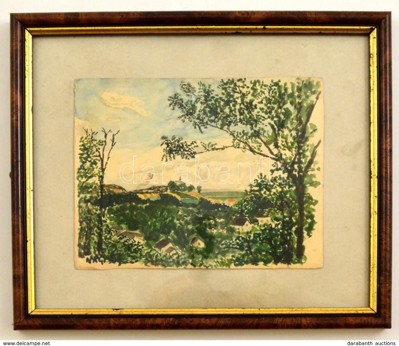 Nagy Jelzéssel: Kilátás A Falura. Akvarell, Papír, üvegezett Keretben, 12×16 Cm - Andere & Zonder Classificatie
