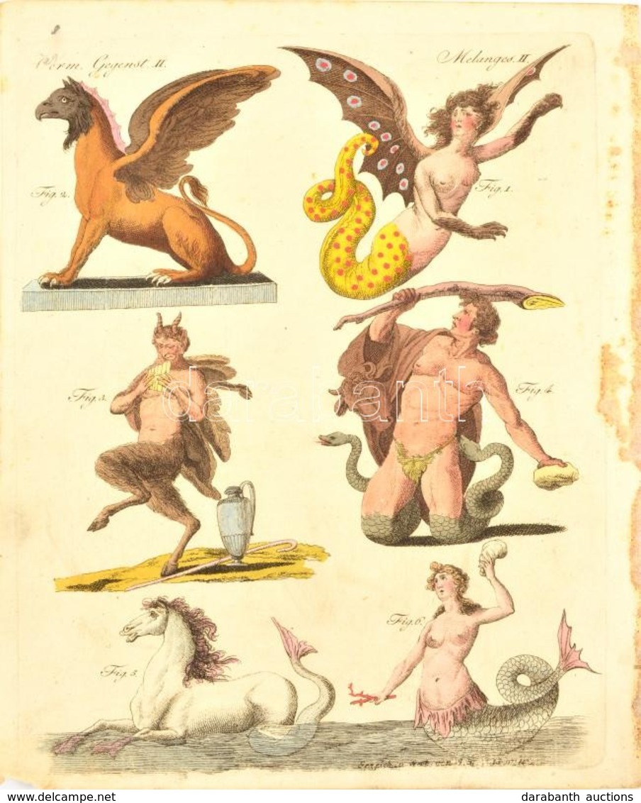 XVIII. Sz: Mítikus Lények. Színezett Rézmetszet / Mytical Creatures. Colored Engraving 18x23 Cm - Prenten & Gravure