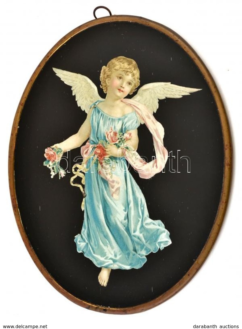 Cca 1900 Angyalt ábrázoló Litografált üvegkép. / Litho Angel Image On Glass 23x19 Cm - Andere & Zonder Classificatie