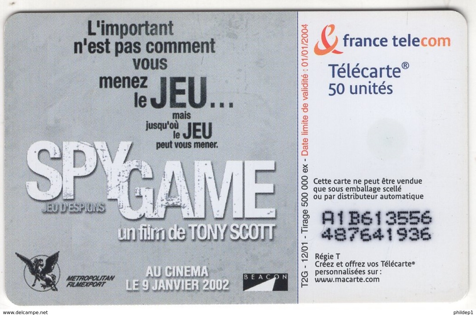 Lot De 1 TC De 2001 Usagées. "Spy Game - Brad PITT". Y & T : 1272 - 2001