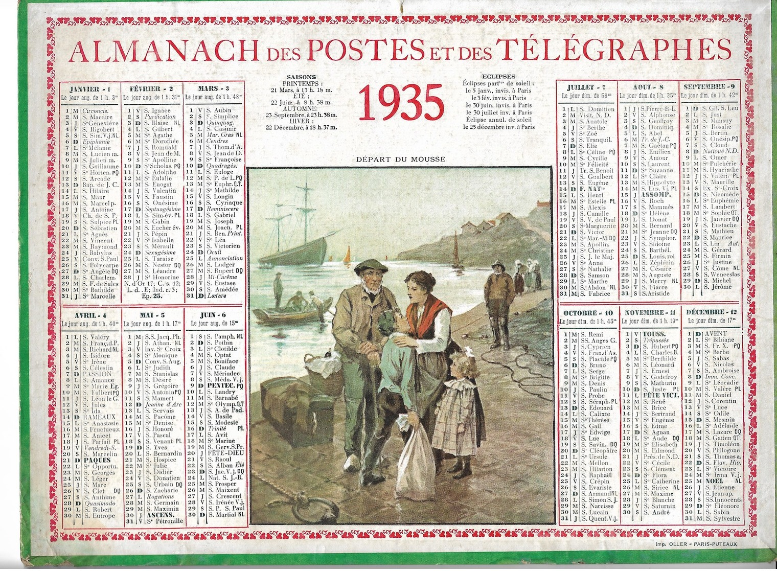 Almanach Des Postes Et Des Télégraphes 1935: Départ Du Mousse. Marine. Bretagne   Complet - Groot Formaat: 1921-40