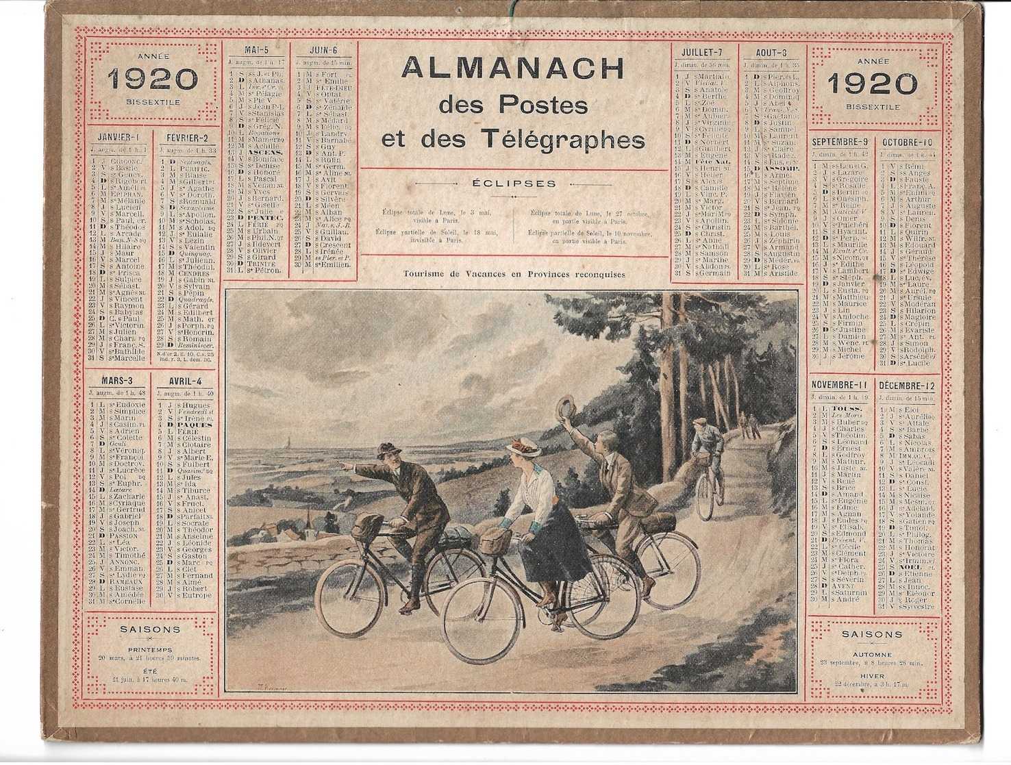 Almanach Des Postes Et Des Télégraphes 1920: Tourisme De Vacances En Provinces Reconquises. Vélo  Ill BEUZON.   Complet - Grand Format : 1921-40