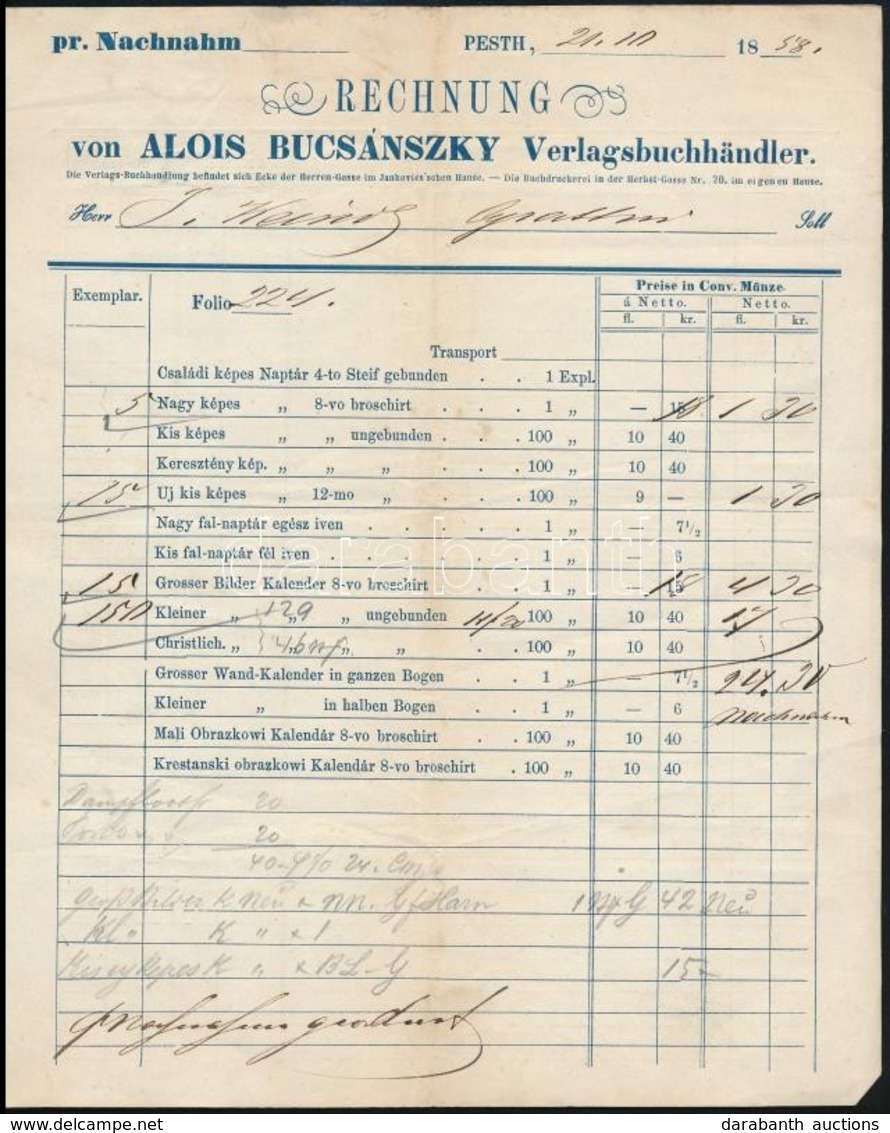 1858 Pest, Alois Bucsánszky Könyvkereskedésének Fejléces Számlája - Zonder Classificatie