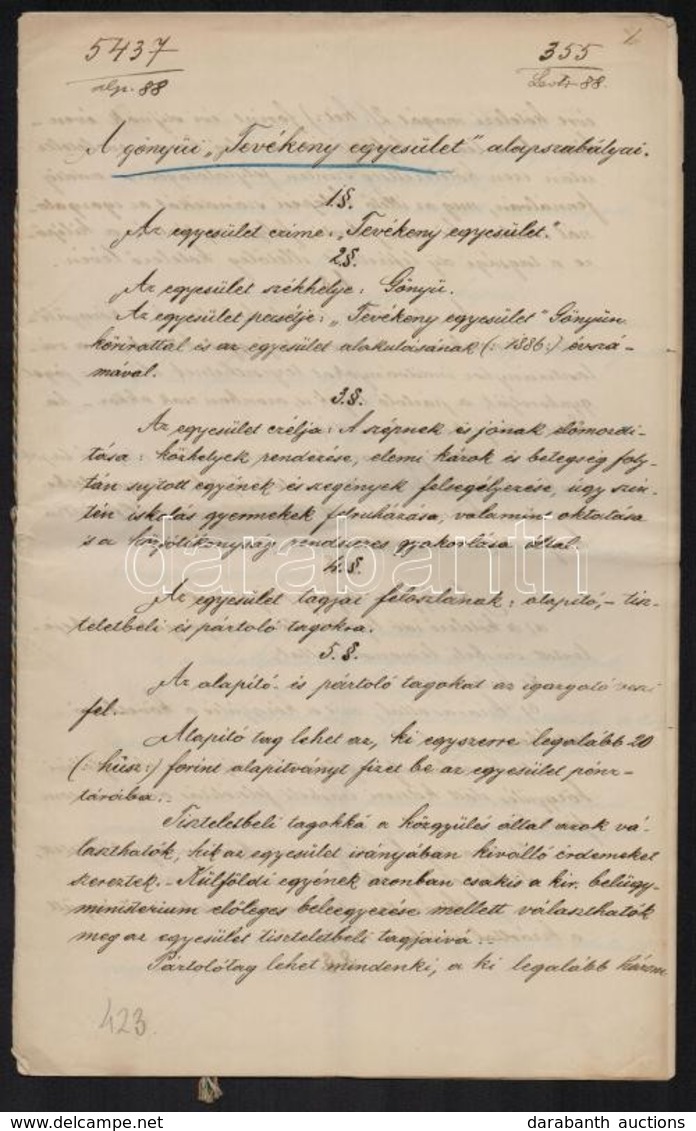 1888 Gönyű: Tevékeny Egyesület Alapszabályai. 8p .Kézirat.aláírásokkal, Pecsétekkel - Non Classificati