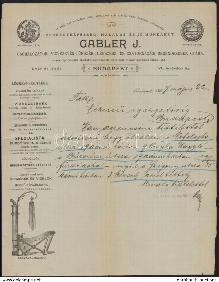 1897 Bp., Gabler J. Csőhálózatok-, Vízvezeték Stb. Gyárának Fejléces Levélpapírjára írt Levél - Zonder Classificatie