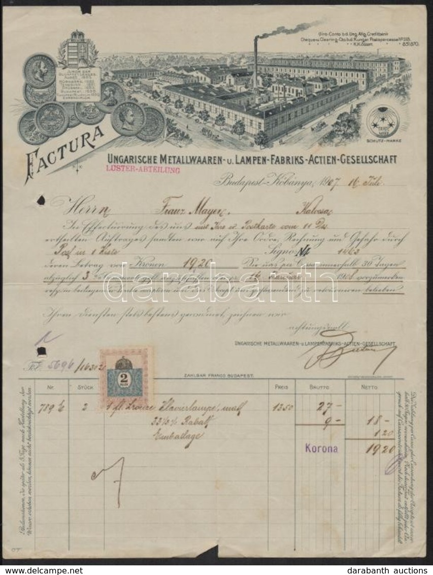 1907 Budapest-Kőbánya, Ungarische Metallwaaren- Und Lampen-Fabriks-Actien-Gesellschaft Fejléces Számlája, Rajta A Gyár K - Zonder Classificatie