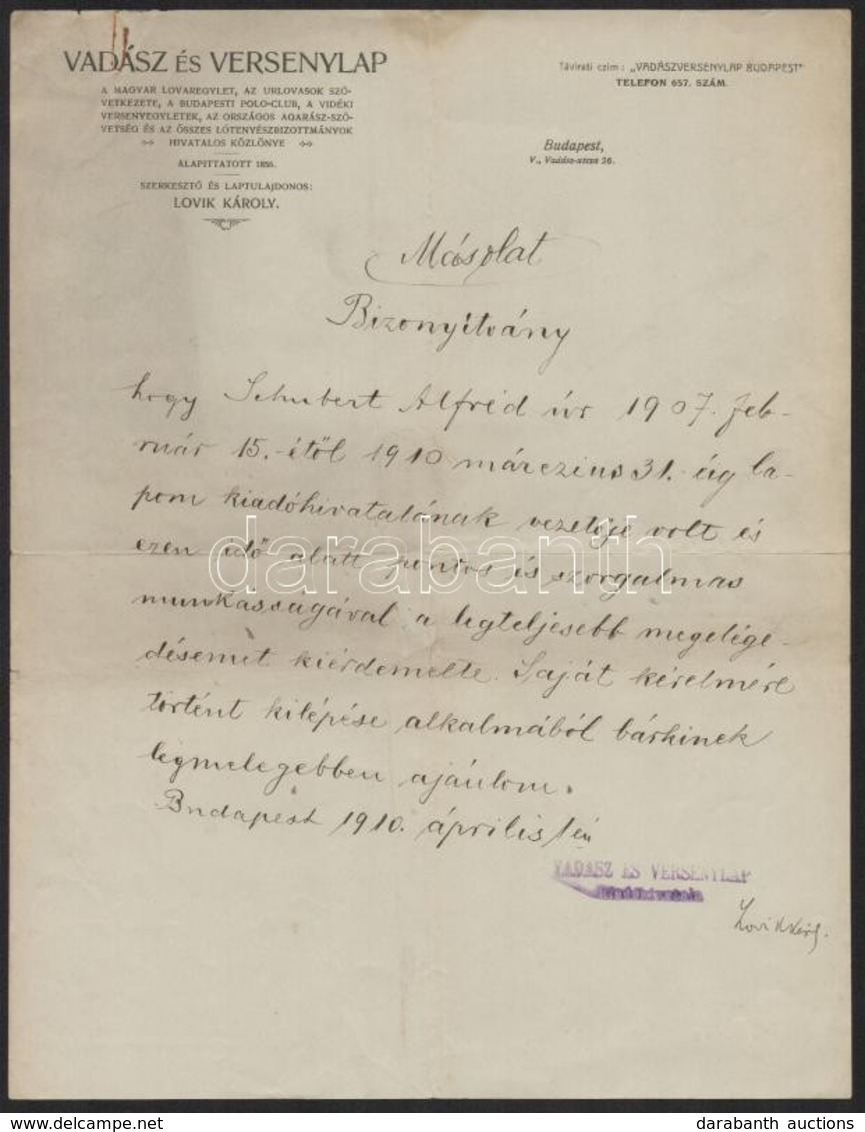 1910 Bp., Vadász és Versenylap Fejléces Levélpapírjára írt Bizonyítvány - Zonder Classificatie