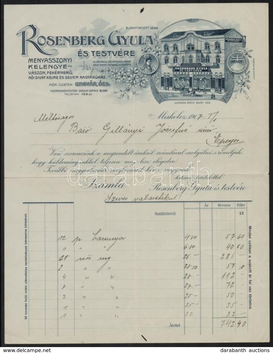 1917 Miskolc, Rosenberg Gyula és Testvére Menyasszonyi Kelengye Nagyáruház Fejléces Számlája - Zonder Classificatie