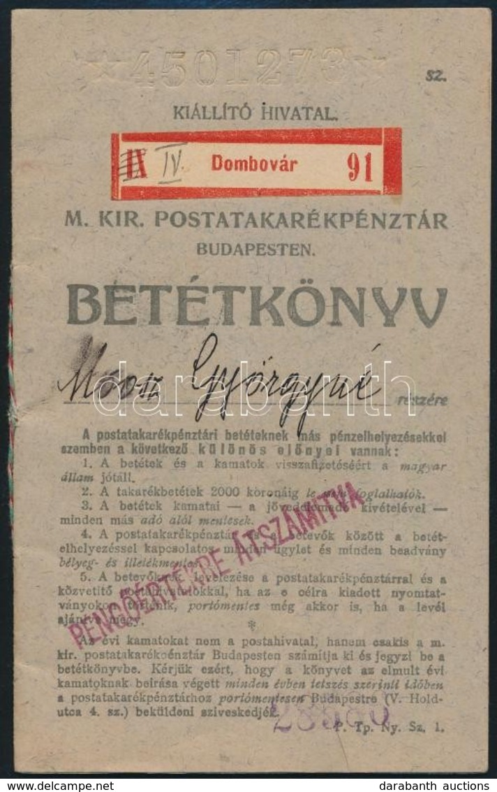 Cca 1919 Postatakarékpénztári Betétkönyv, Későbbi Bejegyzésekkel, 'pengőértékre átszámítva' Felülbélyegzéssel - Zonder Classificatie