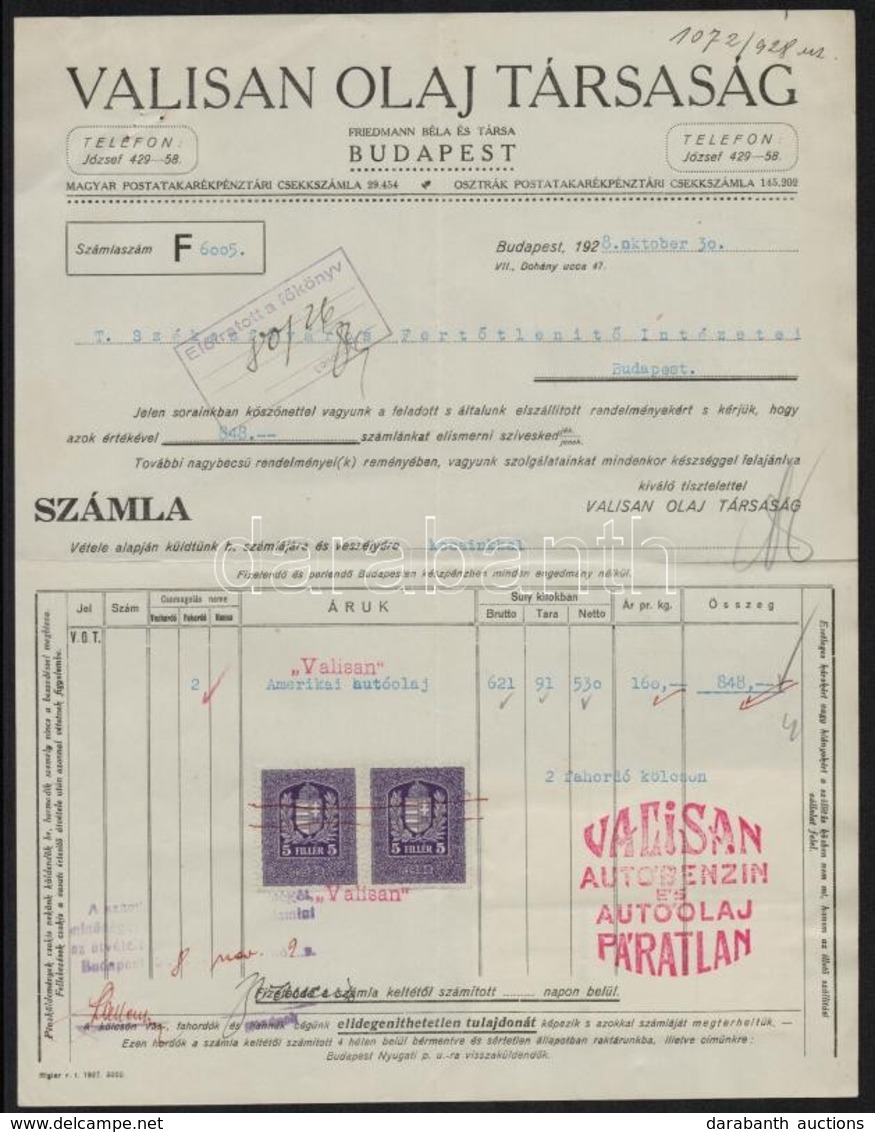 1928 Bp., Valisan Olaj Társaság Fejléces Számlája Okmánybélyegekkel - Zonder Classificatie