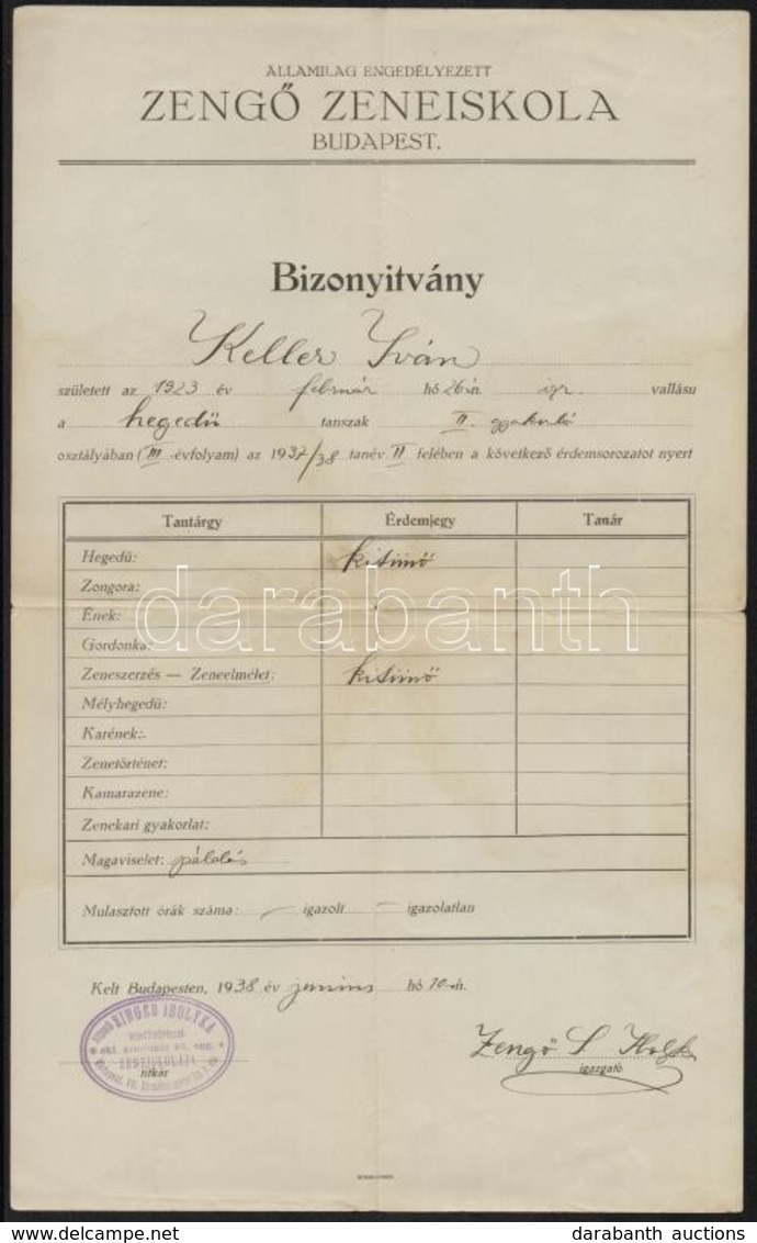 1938 Bp., A Zengő Zeneiskola Bizonyítványa - Zonder Classificatie