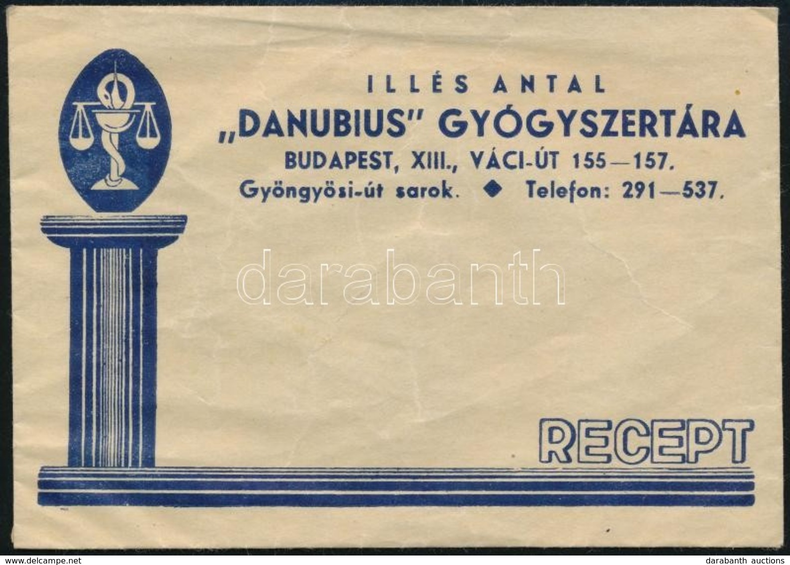 Illés Antal 'Danubius' Gyógyszertára Budapest XIII. Receptboríték - Pubblicitari