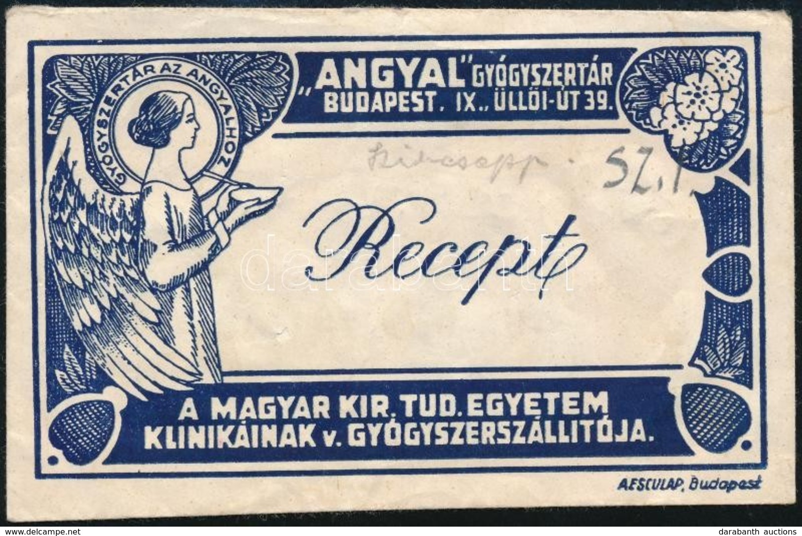 'Angyal' Gyógyszertár Budapest IX. Receptboríték - Reclame