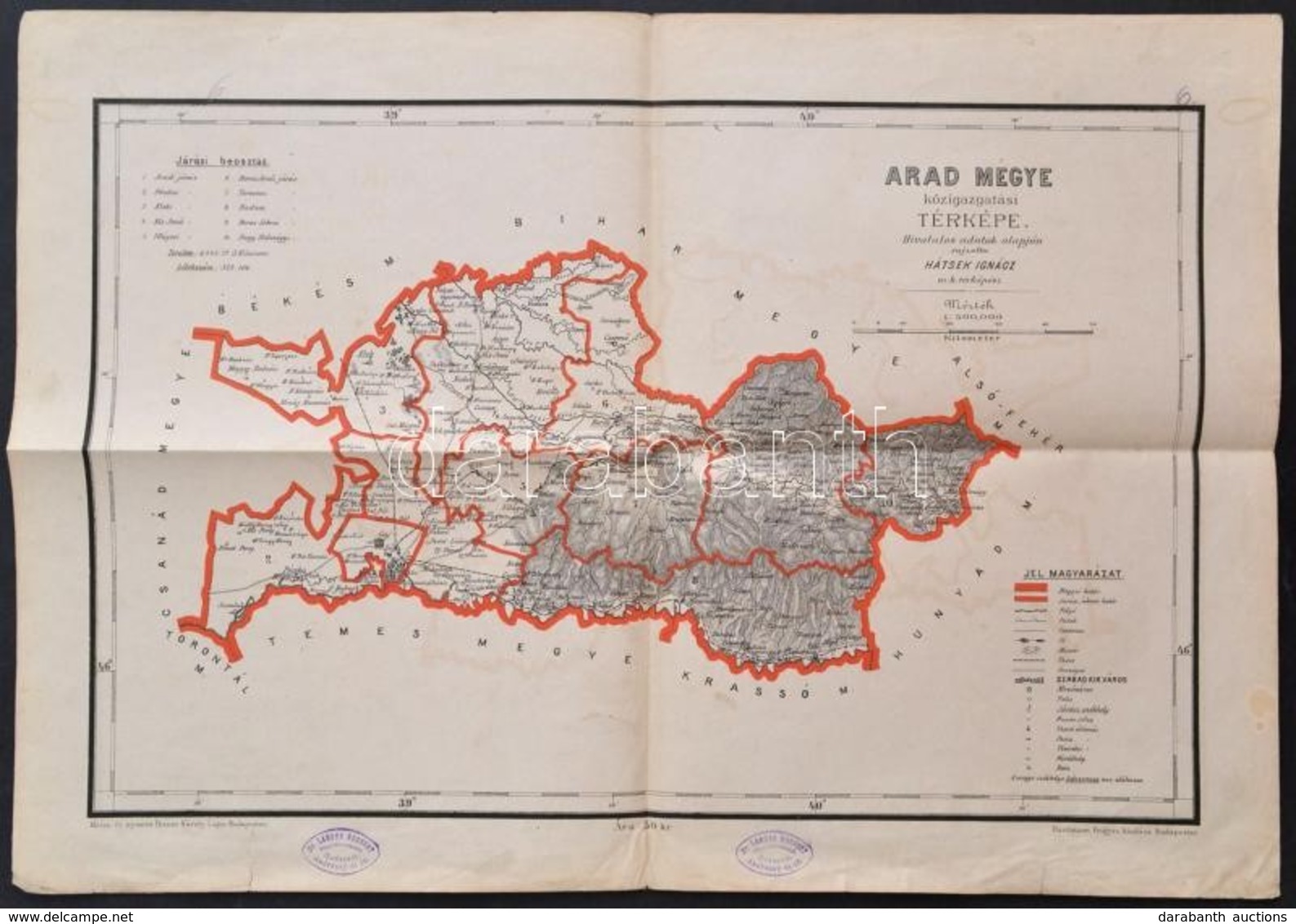 1880 Arad Megye Közigazgatási Térképe. Hátsek Ignác - A Magyar Szent Korona Országainak Megyei Térképei. Rajzolta Hátsek - Andere & Zonder Classificatie