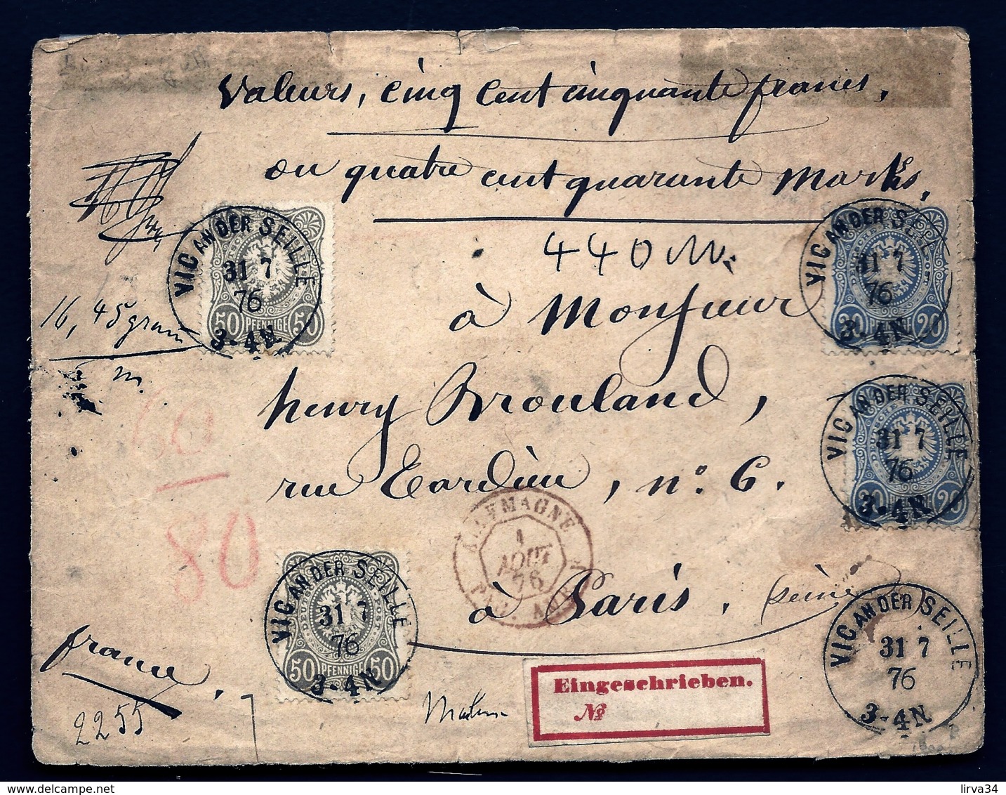 LETTRE CHARGÉE ALSACE-LORRAINE-VIC-SUR-SEILLE 76- VALEURS FRANCS ET MARKS- 2 N°33 + 2 N°35- TAMPON ROUGE- 2 SCANS + INFO - Lettres & Documents