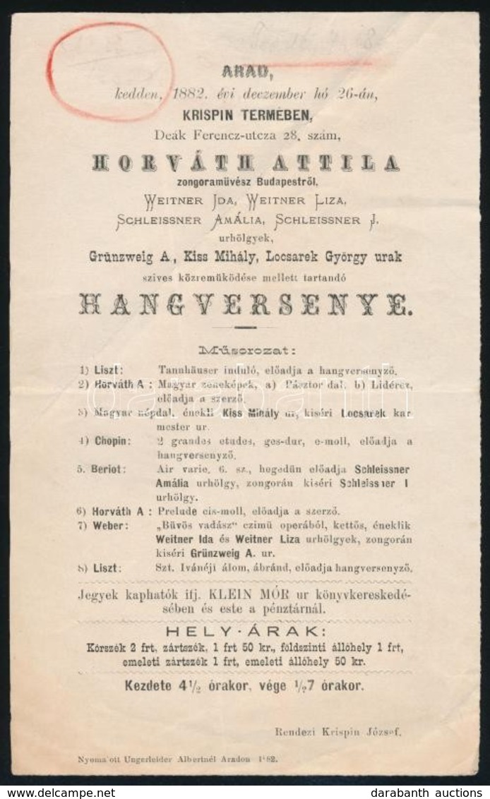 1882 Arad, Meghívó Horváth Attila Zongoraművész Hangversenyére - Ohne Zuordnung