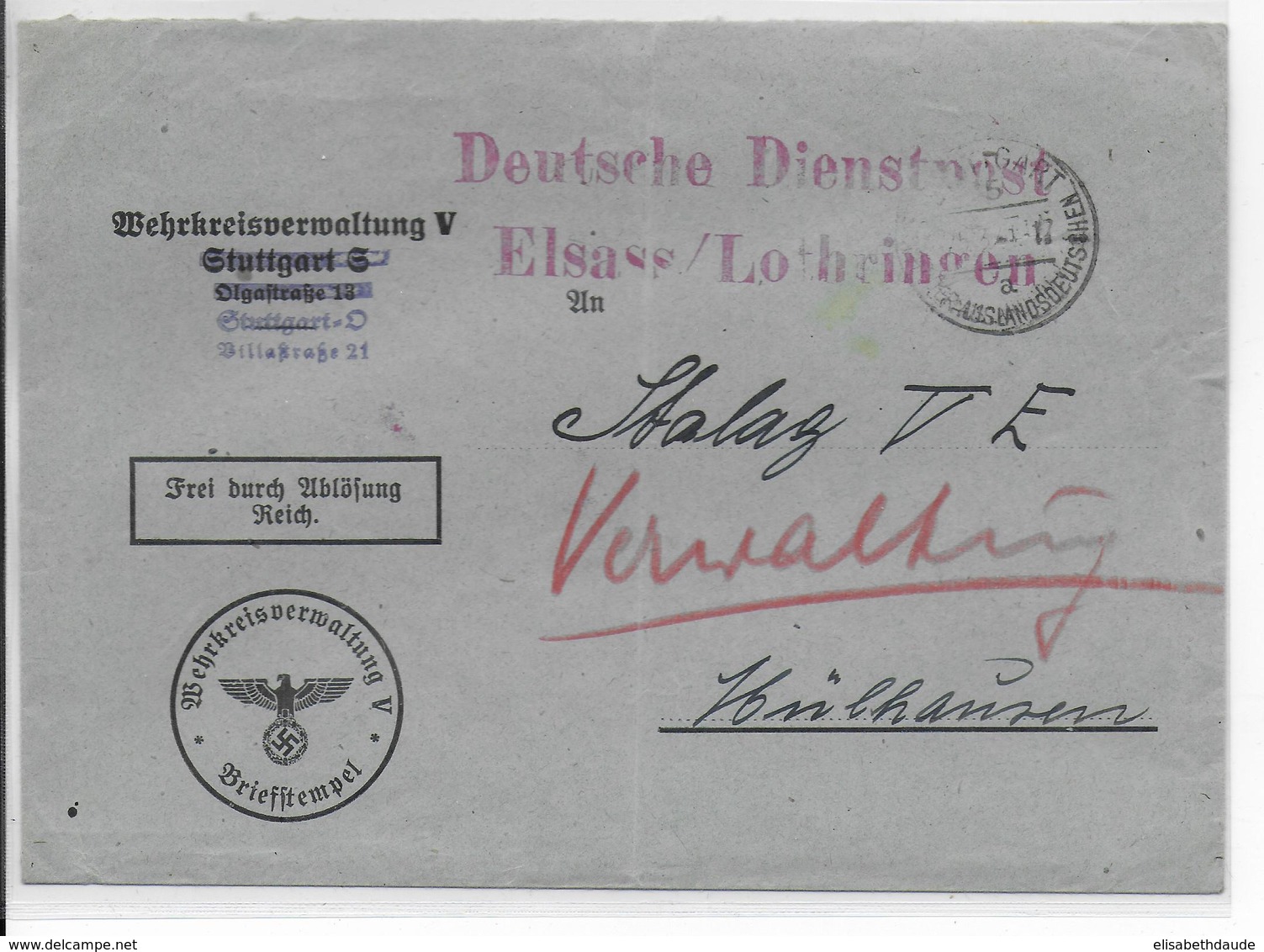 1941 - PRISONNIERS DE GUERRE En ALSACE - ENVELOPPE De STUTTGART => ADMINISTRATION Du STALAG VE à MULHOUSE - Guerre De 1939-45