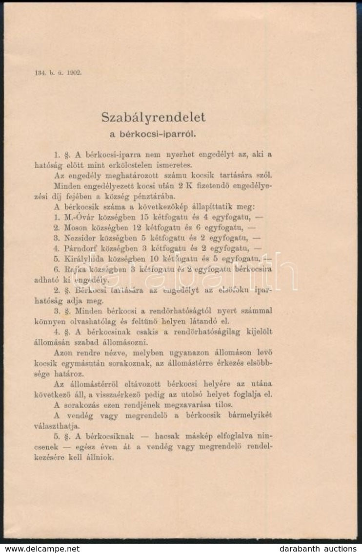 1902 Budapest, Szabályrendelet A Bérkocsi Iparról 8p. - Ohne Zuordnung